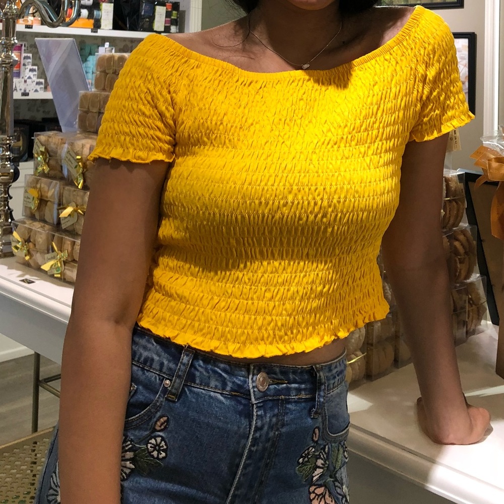 Mustard yellow off the shoulder smocked crop top